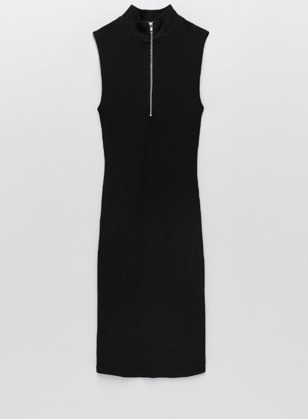 ZARA Black Ribbed Knit Sleeveless 1/4 Zip Bodycon Midi Sweater Dress S Small